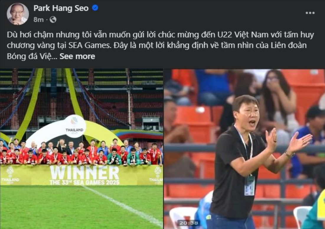 HLV Park Hang-seo đăng bài chúc mừng U22 Việt Nam vô địch SEA Games 33.