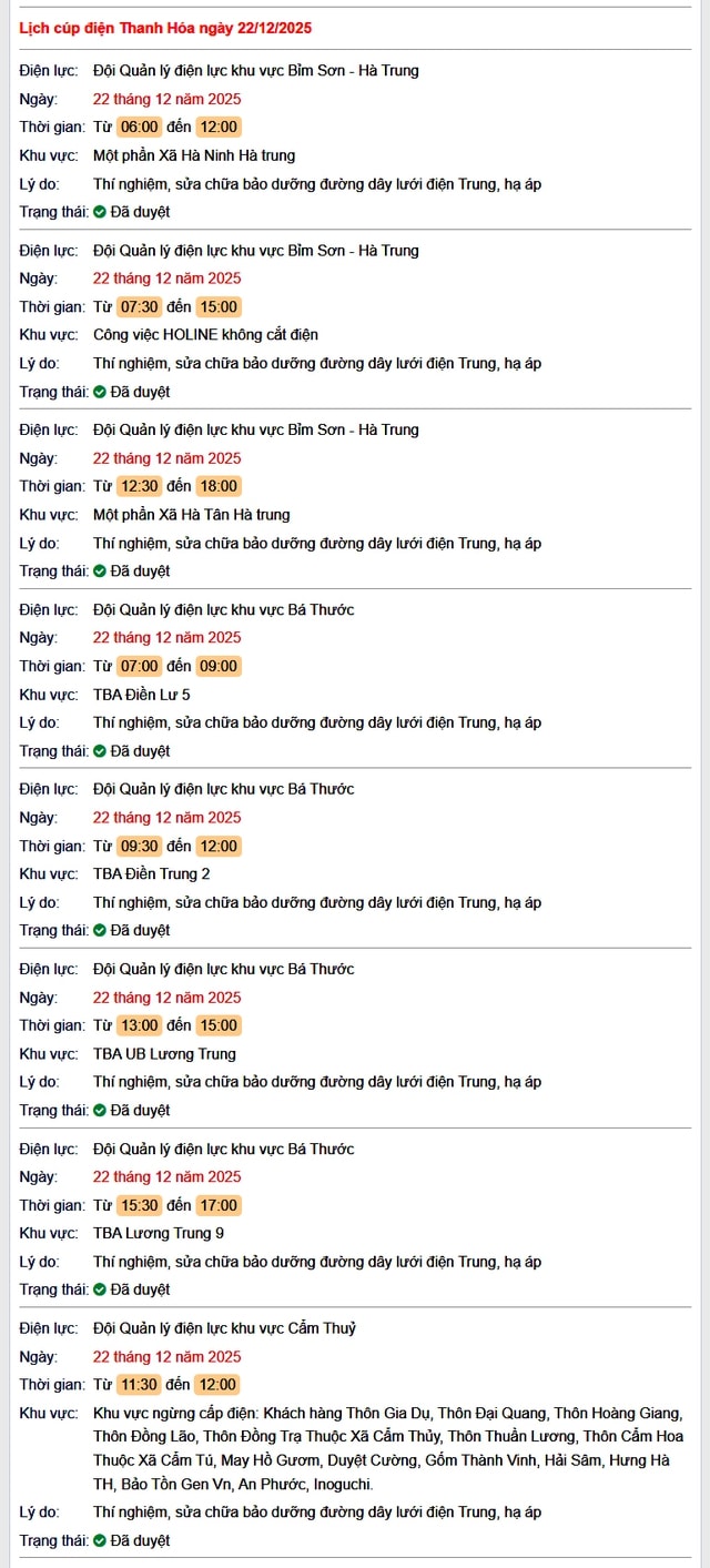 Tra cứu lịch cắt điện Thanh Hóa hôm nay Thứ 2 ngày 22/12/2025- Ảnh 1.