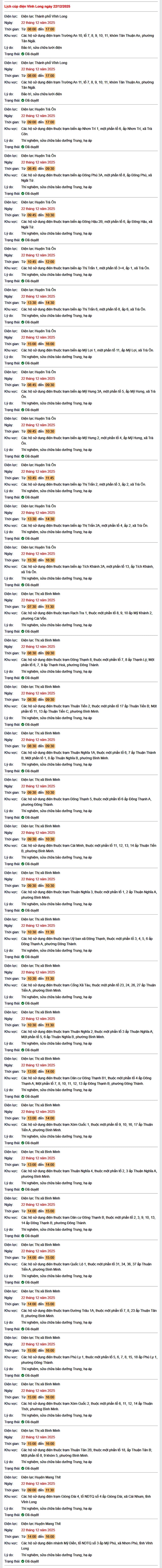 Tra cứu lịch cúp điện Vĩnh Long hôm nay Thứ 2 ngày 22/12/2025- Ảnh 1.
