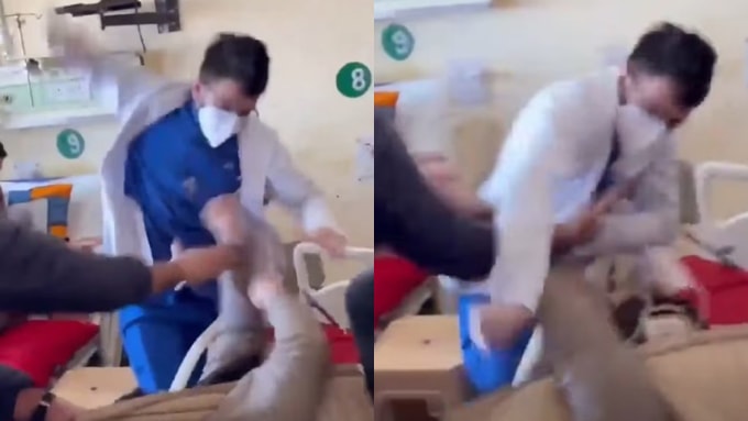 Video ghi lại hình ảnh bác sĩ đánh bệnh nhân Arjun Panwar tại trường Cao đẳng Y tế Indira Gandhi. Ảnh chụp màn hình video