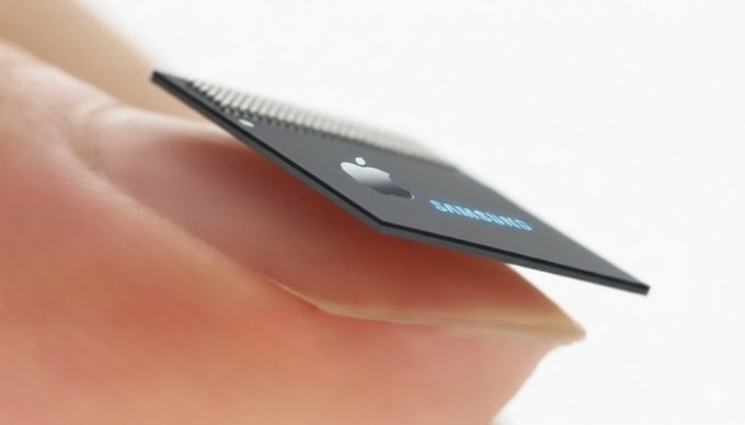 Hình ảnh Samsung LPDDR5X với logo Apple và Samsung được tạo bởi Gemini.