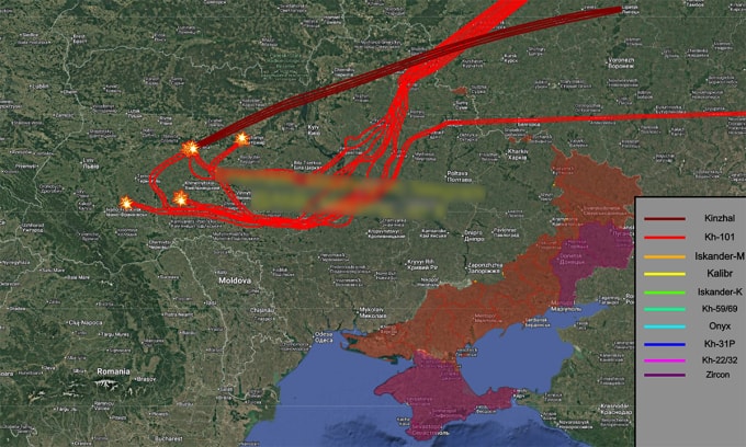 Hướng bay của tên lửa Nga trong trận tập kích ngày 23/12. Đồ họa: X/AMK Mapping