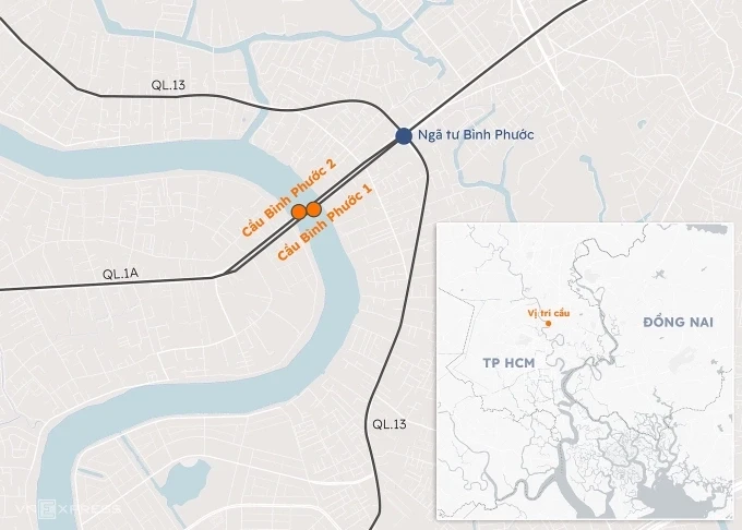 Hướng tuyến cầu Bình Phước 1 và 2. Đồ hoạ: Khánh Hoàng