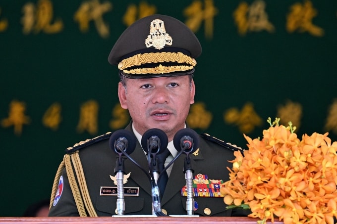 Bộ trưởng Quốc phòng Campuchia Tea Seiha tại một sự kiện ở căn cứ hải quân Ream, tỉnh Preah Sihanouk hồi tháng 4. Ảnh: AFP