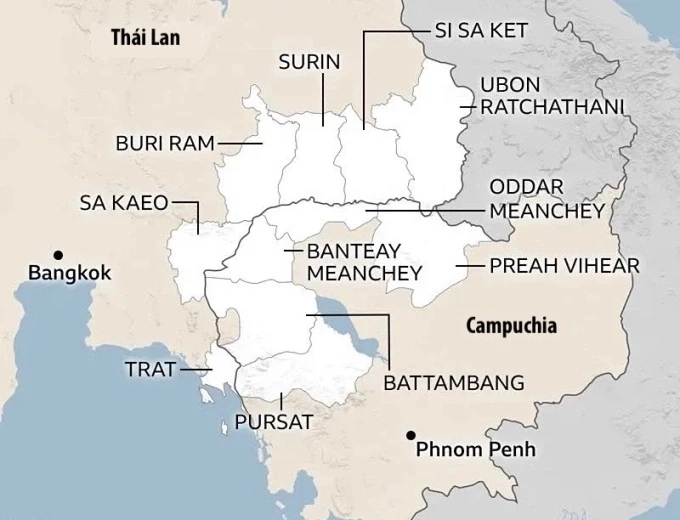 Vị trí tỉnh Banteay Meanchey và các tỉnh giáp Thái Lan của Campuchia. Đồ họa: BBC