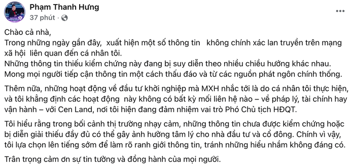 Shark Hưng lên tiếng về lùm xùm trên mạng xã hội và Cen Land - Ảnh 1.
