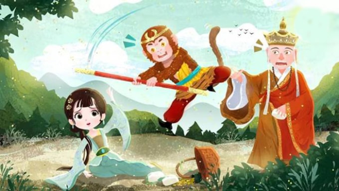 Tranh tái hiện truyện Bạch Cốt Tinh hóa thành cô gái hiền lành để lừa Đường Tăng, bị Ngộ Không phát hiện. Ảnh: Douban