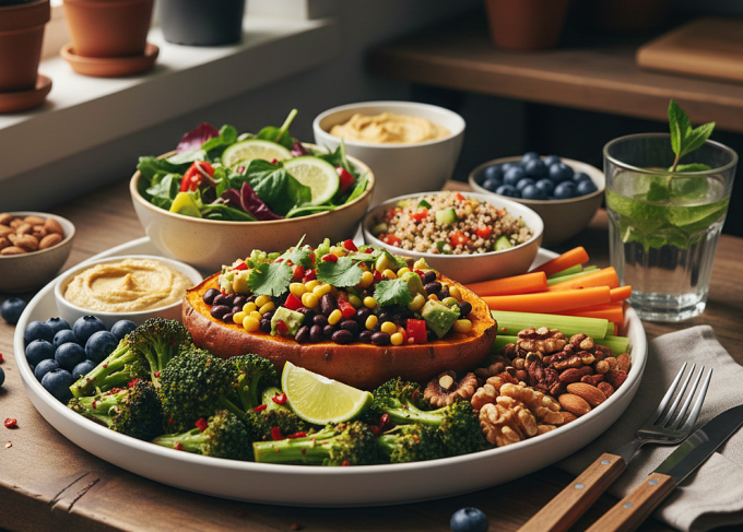 Chế độ ăn thuần thực vật tốt cho sức khỏe nhưng vẫn gây tăng cân nếu sử dụng không đúng. Ảnh được tạo bởi AI