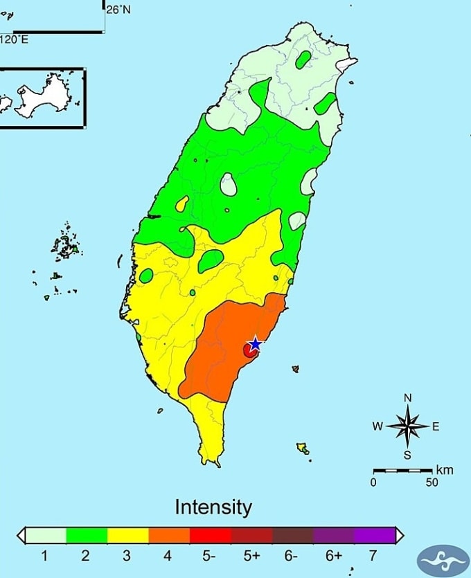 Vị trí xảy ra động đất (hình sao) ở Đài Loan sáng 3/4. Đồ họa: CWA