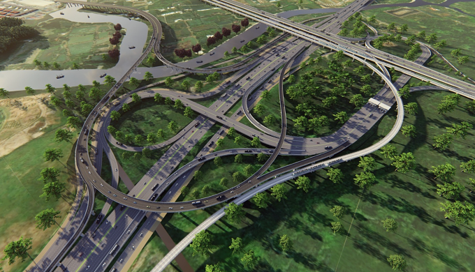 Phối cảnh nút giao đường liên cảng với cao tốc TP HCM - Long Thành - Dầu Giây và Vành đai 3 khi hoàn thành. Ảnh: Sở Xây dựng