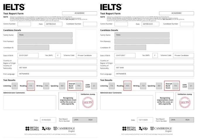 Điểm bài thi IELTS của một thí sinh trước và sau khi chấm lại. Ảnh: Nhân vật cung cấp