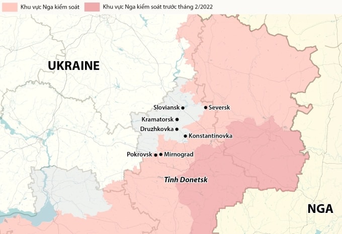 Vị trí Seversk và chuỗi đô thị - pháo đài của Ukraine tại tỉnh Donetsk. Đồ họa: RYV
