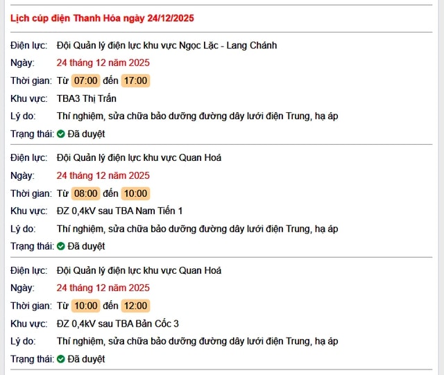 Tra cứu lịch cắt điện Thanh Hóa hôm nay Thứ 4 ngày 24/12/2025- Ảnh 1.
