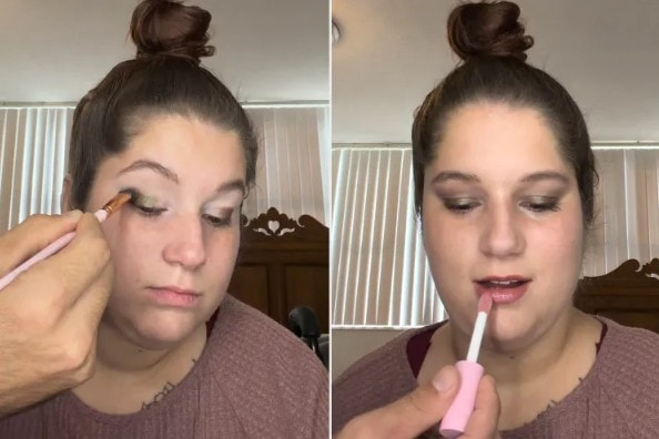 Nhờ chồng cầm cọ và son, Ariel cử động phần đầu để tự trang điểm. Ảnh: TikTok