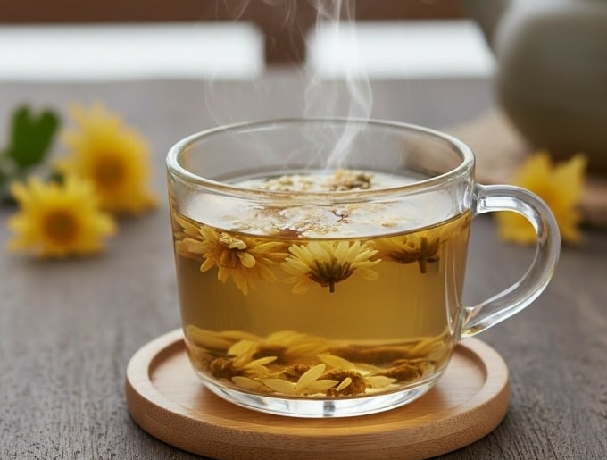 Uống trà hoa cúc thường xuyên có thể giúp ngủ ngon. Ảnh được tạo bởi AI