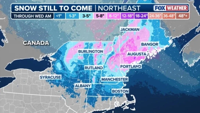 Đợt mưa tuyết ảnh hưởng đến miền bắc Mỹ những ngày hậu Giáng sinh. Đồ họa: FOX Weather