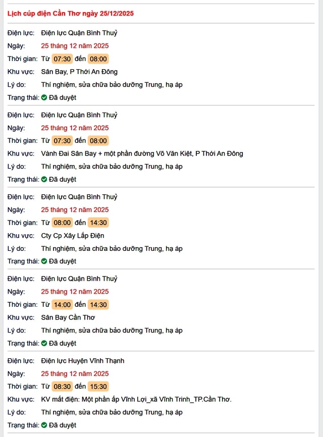 Tra cứu lịch cúp điện Cần Thơ hôm nay Thứ 5 ngày 25/12/2025- Ảnh 1.