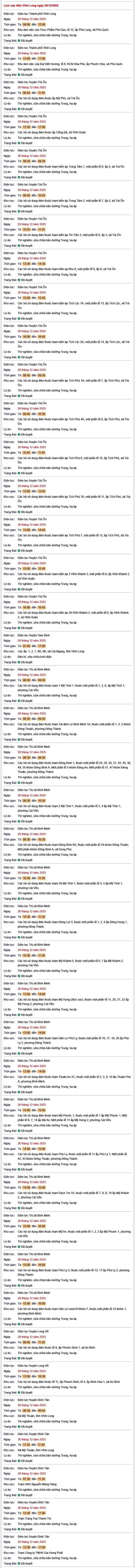 Tra cứu lịch cúp điện Vĩnh Long hôm nay Thứ 5 ngày 25/12/2025- Ảnh 1.