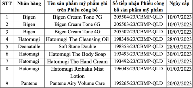 Danh sách các sản phẩm bị thu hồi và buộc tiêu hủy. Ảnh: Cục Dược