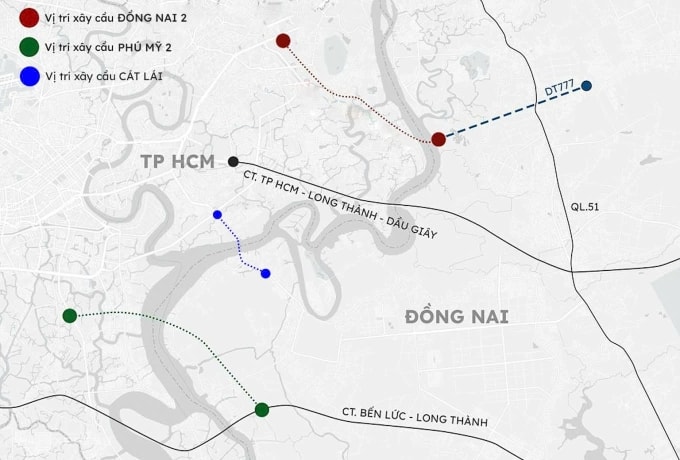 Vị trí các cây cầu kết nối TP HCM và Đồng Nai sắp tới sẽ xây dựng, trong đó có Phú Mỹ 2 (xanh lá). Đồ họa:Khánh Hoàng