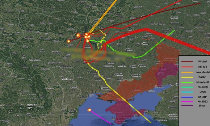 Hướng bay của tên lửa Nga trong trận tập kích ngày 27/12. Đồ họa: X/AMK Mapping