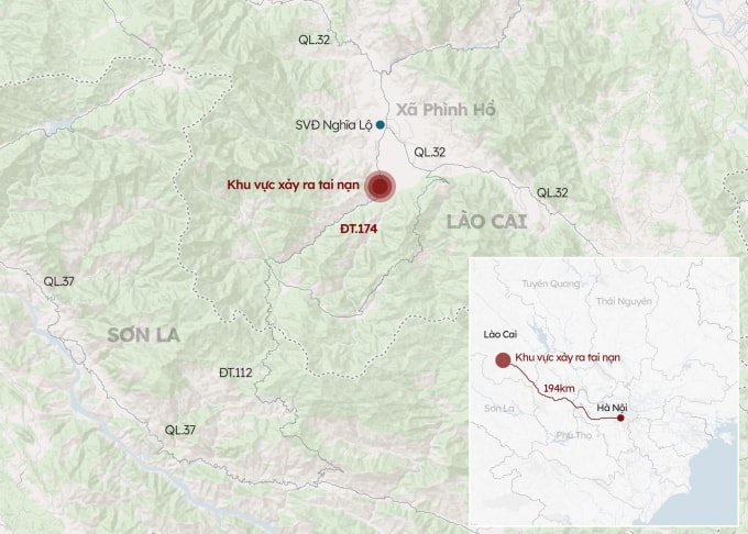 Địa điểm xảy ra vụ lật xe sáng 27/12 tại xã Phình Hồ, Lào Cai. Đồ họa: Hoàng Khánh.
