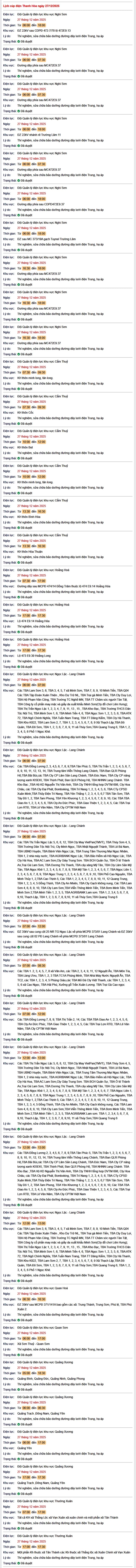Tra cứu lịch cắt điện Thanh Hóa hôm nay Thứ 7 ngày 27/12/2025- Ảnh 1.