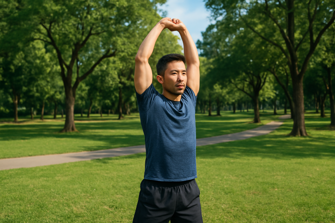 Bạn nâng tay lên cao kết hợp hít thở.