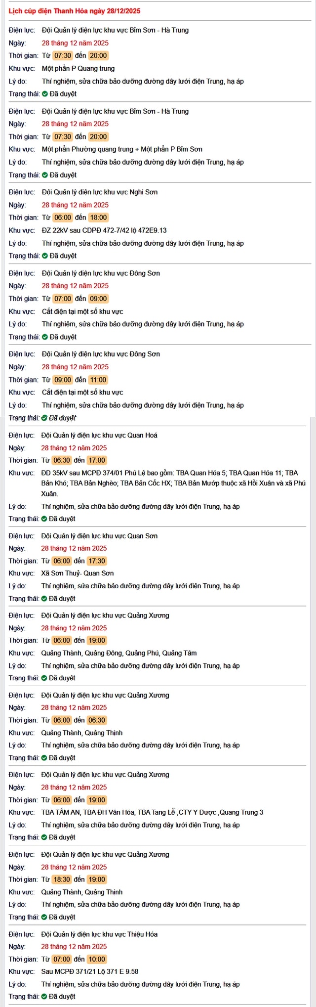 Tra cứu lịch cắt điện Thanh Hóa hôm nay Chủ Nhật ngày 28/12/2025- Ảnh 1.