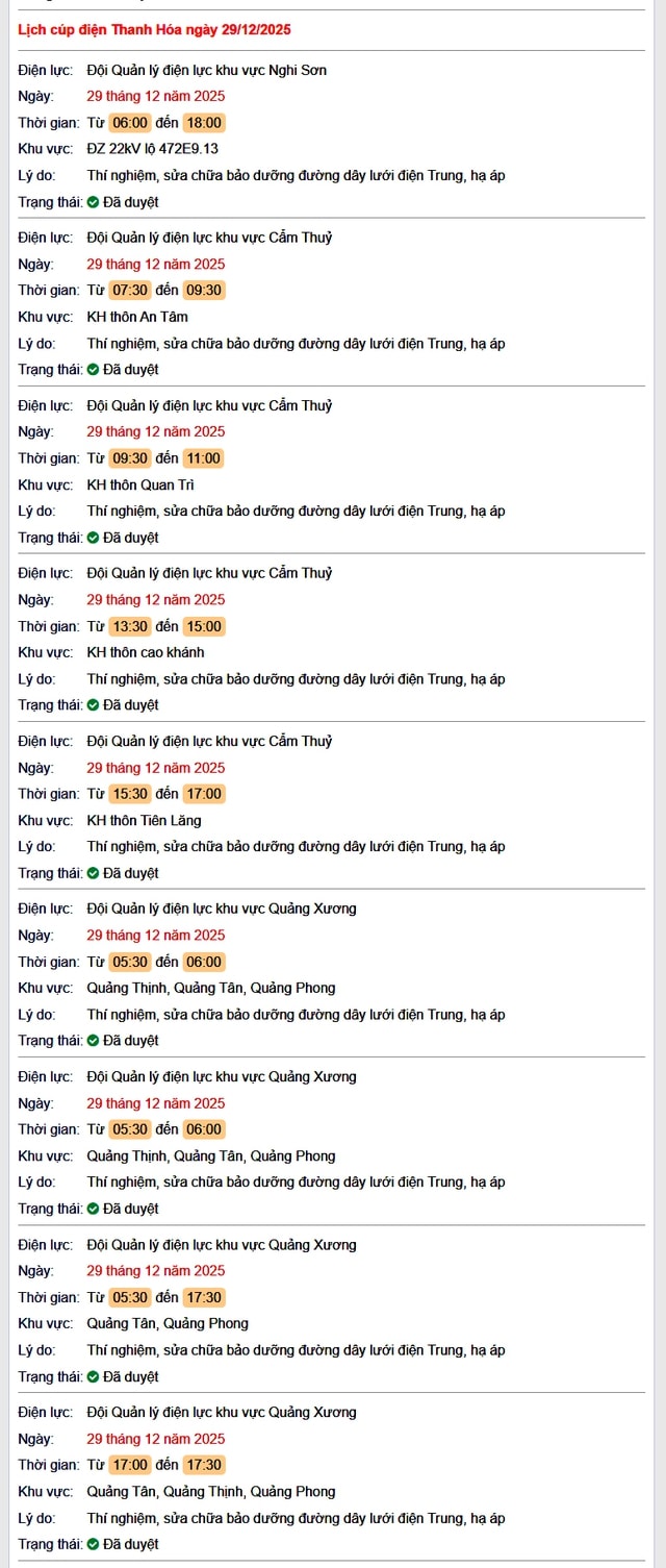 Tra cứu lịch cắt điện Thanh Hóa hôm nay Thứ 2 ngày 29/12/2025- Ảnh 1.