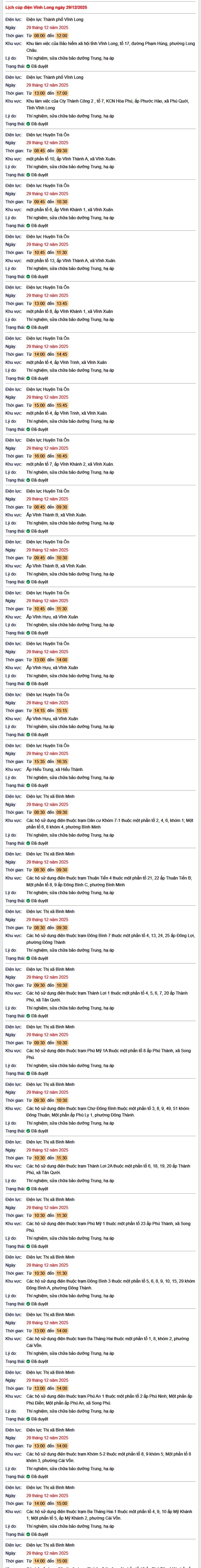 Tra cứu lịch cúp điện Vĩnh Long hôm nay Thứ 2 ngày 29/12/2025- Ảnh 1.