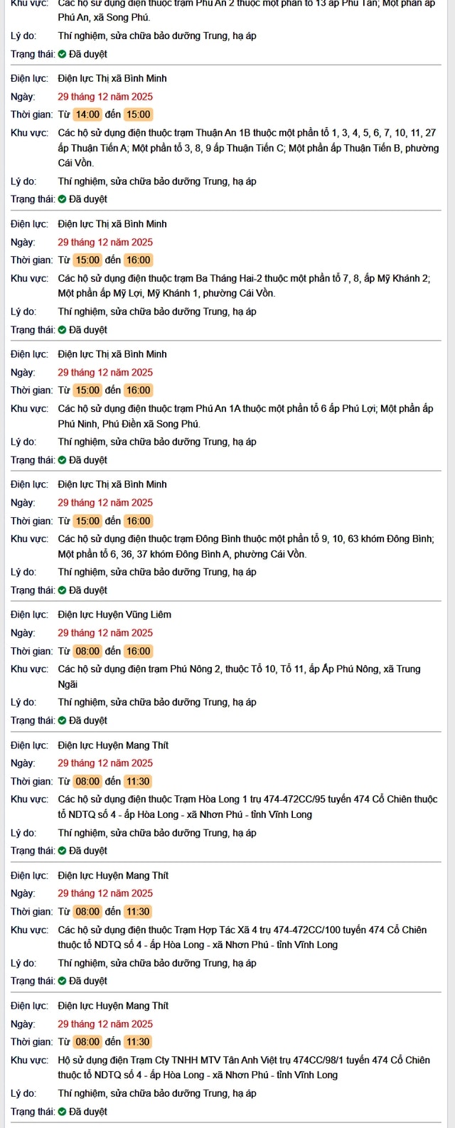 Tra cứu lịch cúp điện Vĩnh Long hôm nay Thứ 2 ngày 29/12/2025- Ảnh 2.