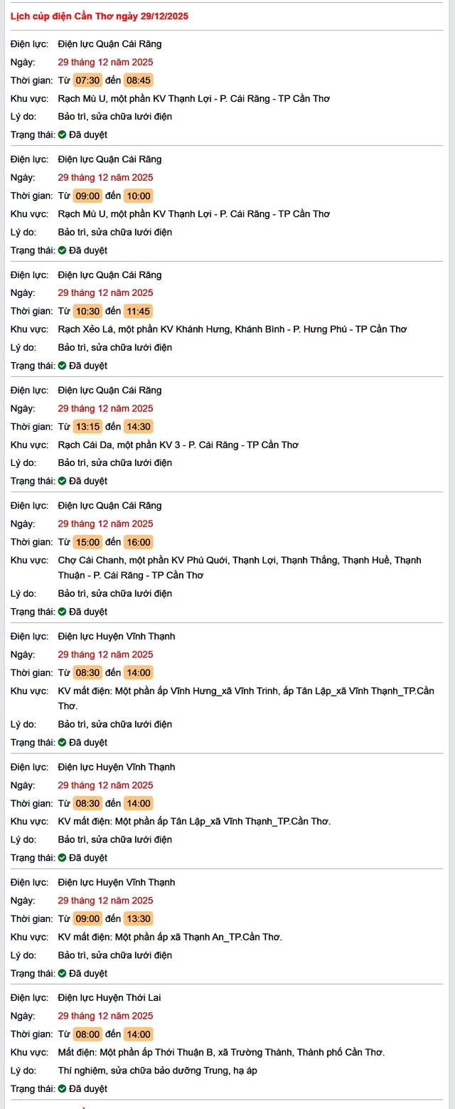 Tra cứu lịch cúp điện Cần Thơ hôm nay Thứ 2 ngày 29/12/2025- Ảnh 1.