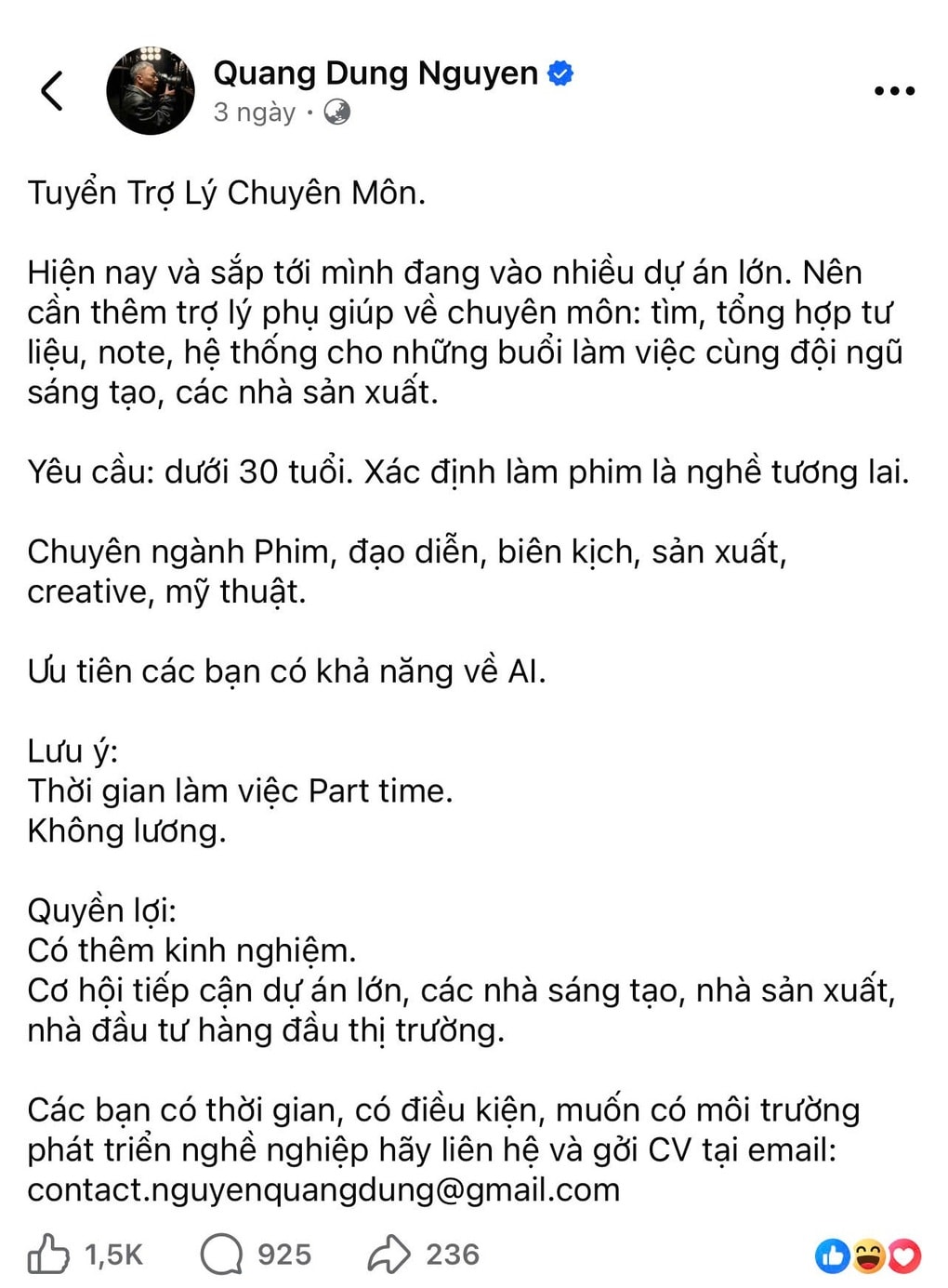 Nguy cơ vi phạm luật vụ đạo diễn Quang Dũng tuyển trợ lý không lương - 1