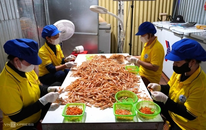 Nhân công sơ chế tôm khô móng chim. Ảnh: Chúc Ly