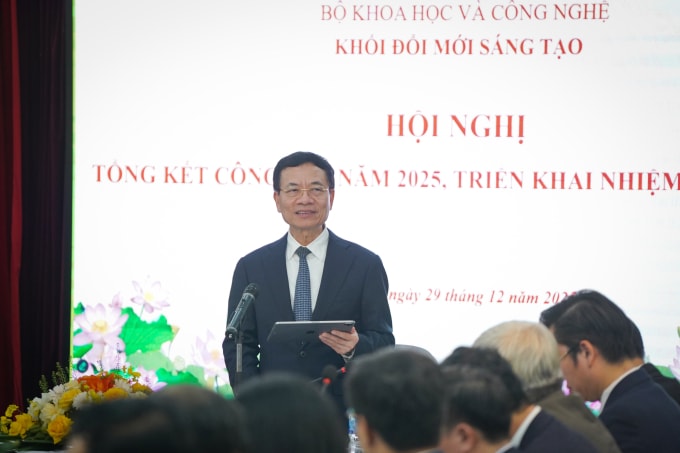 Bộ trưởng Khoa học và Công nghệ Nguyễn Mạnh Hùng tại Hội nghị Tổng kết năm 2025, triển khai nhiệm vụ 2026 của Khối Đổi mới sáng tạo, ngày 29/12/2025. Ảnh: Lưu Quý