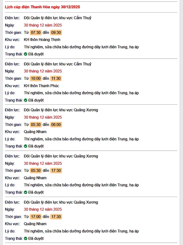 Tra cứu lịch cắt điện Thanh Hóa hôm nay Thứ 3 ngày 30/12/2025- Ảnh 1.