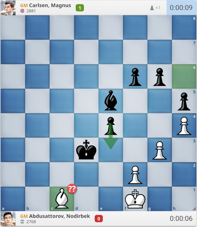 Thế cờ sau nước 60.Bc1 sai lầm của Abdusattorov (Trắng). Carlsen nhanh chóng đẩy tốt xuống e3, thí tốt.