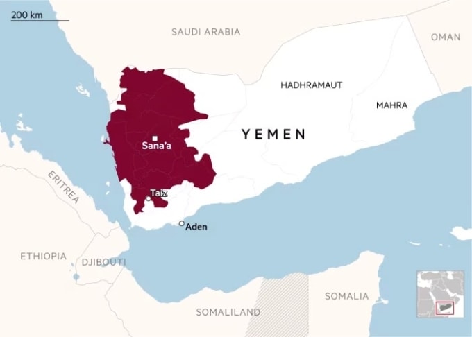 Khu vực do Houthi kiểm soát ở Yemen (màu đỏ) và hai tỉnh Hadramout, Mahra. Đồ họa: FT