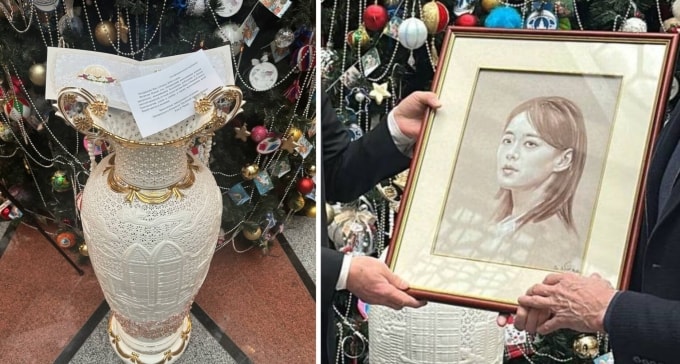 Món quà từ bà Kim Yo-jong (trái) cho phát ngôn viên Bộ Ngoại giao Nga và bức tranh vẽ chân dung bà Kim được gửi đáp lễ. Ảnh: NK News