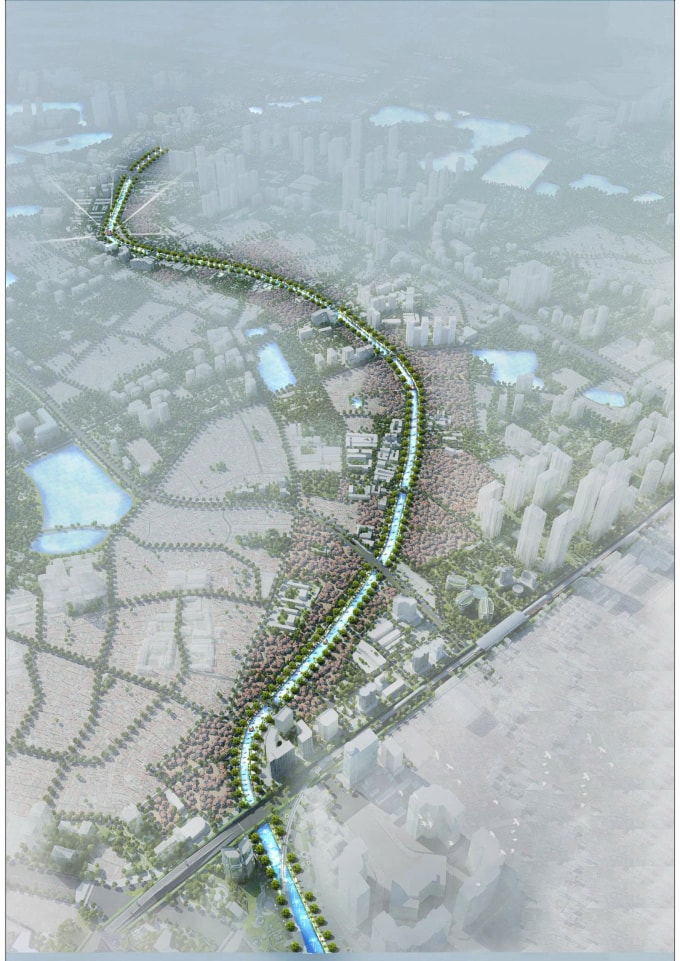 Phối cảnh phạm vi nghiên cứu quy hoạch chi tiết công viên hai bên sông Tô Lịch. Nguồn: Sở Quy hoạch Kiến trúc