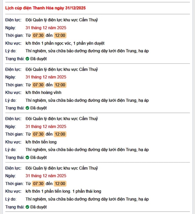 Tra cứu lịch cắt điện Thanh Hóa hôm nay Thứ 4 ngày 31/12/2025- Ảnh 1.