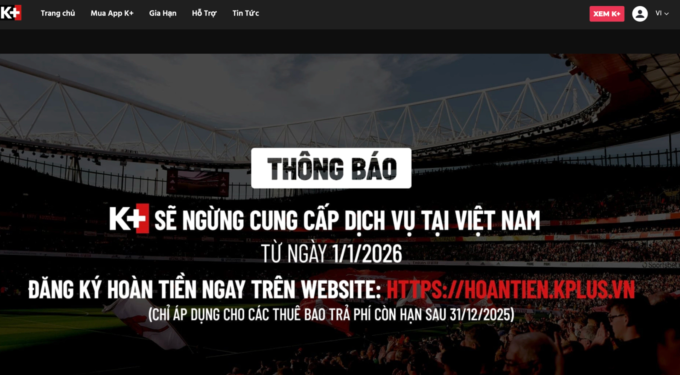 Thông báo dừng phát sóng từ ngày 1/1/2026 của truyền hình K+.