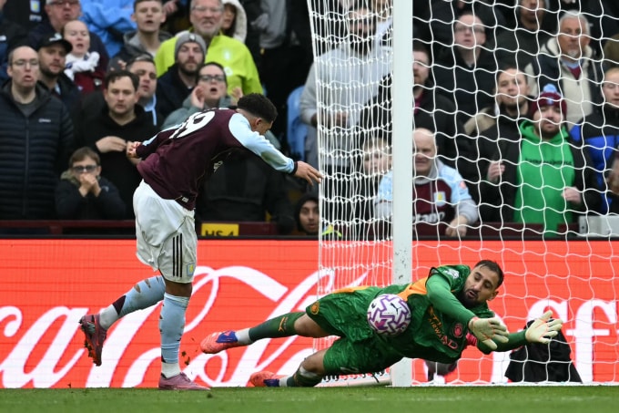 Thủ môn Gianluigi Donnarumma cản cú sút của tiền đạo Jadon Sancho trong trận Ngoại hạng Anh giữa Aston Villa - Man City trên sân Villa Park, Birmingham ngày 26/10/2025. Ảnh: AFP