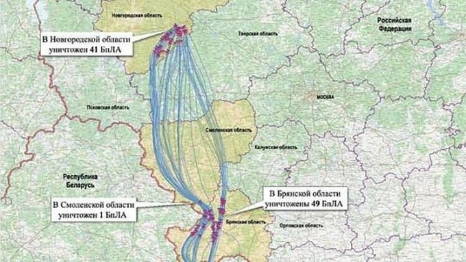 Nga công bố bản đồ đường bay các UAV nhắm vào Novgorod đêm và rạng sáng 28-29/12. Ảnh: Bộ Quốc phòng Nga