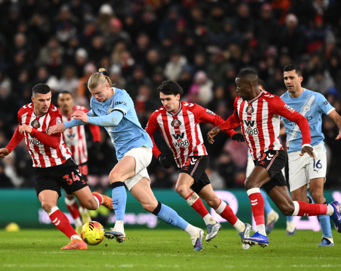 Erling Haaland bị ba cầu thủ Sunderland theo sát. Ảnh: Shutterstock