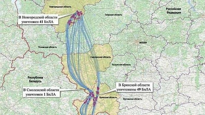 Bản đồ đường bay các UAV nhắm vào Novgorod đêm và rạng sáng 28-29/12/2025. Ảnh: BQP Nga