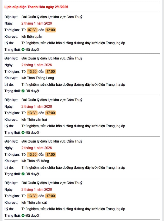 Tra cứu lịch cắt điện Thanh Hóa hôm nay Thứ 6 ngày 2/1/2026- Ảnh 1.