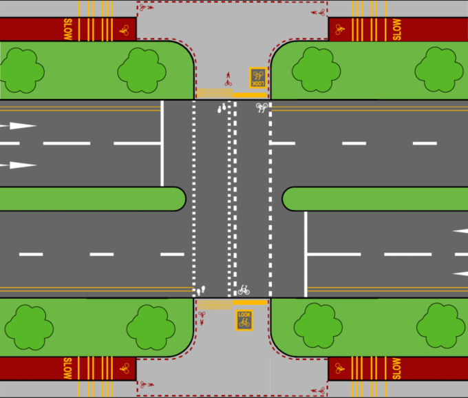 Minh họa cho một lối giao lộ và phân cách luồng người đi bộ, đi xe đạp, vạch giảm tốc, và vạch qua đường với các biểu tượng sơn trên mặt đường. Nguồn: LTA