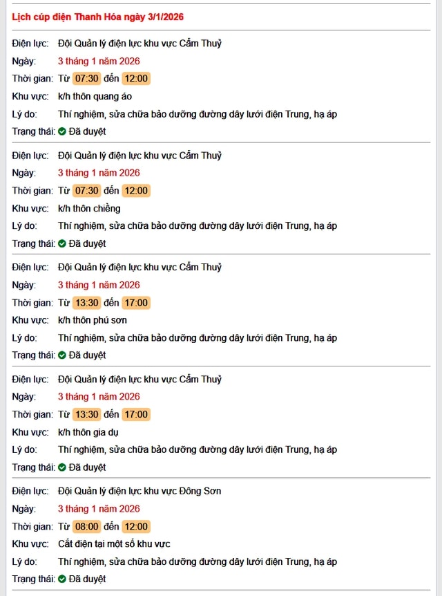 Tra cứu lịch cắt điện Thanh Hóa hôm nay Thứ 7 ngày 3/1/2026- Ảnh 1.